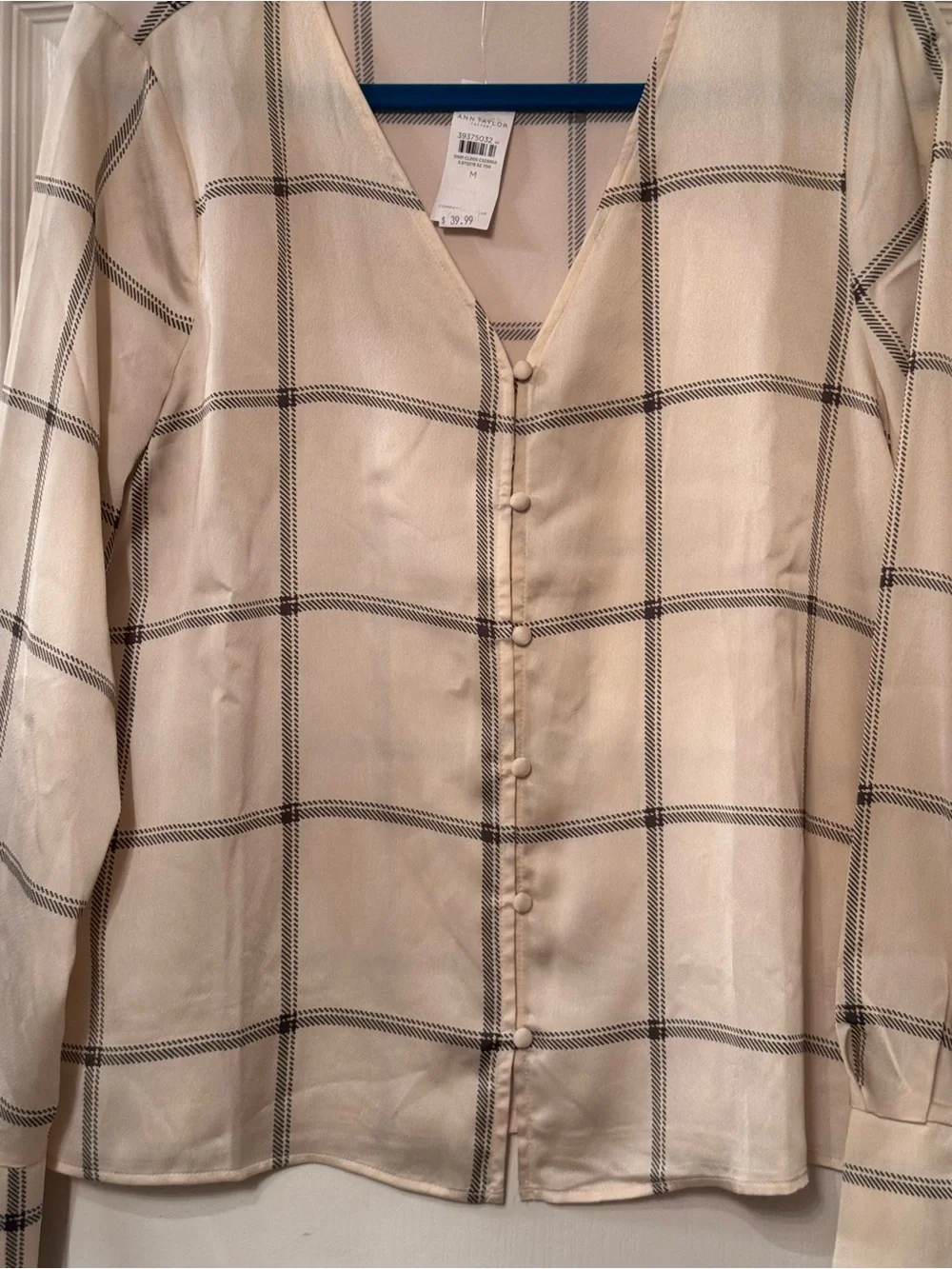 New ! Ann Taylor Cream Button-Front Windowpane Blouse